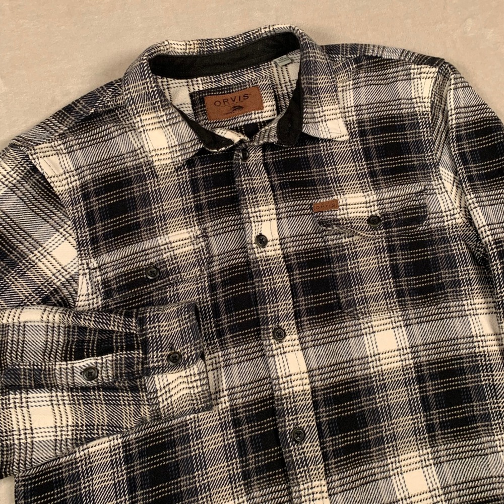 Orvis Button Up Shirt Mens Large Black Plaid Long Sleeve Cotton Flannel Style